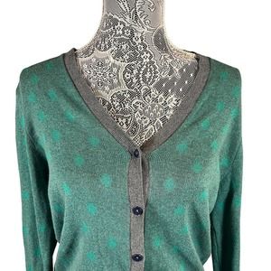 CABI Green Gray Polka Dot Cardigan Knit Sweater Button Front Cotton Size S